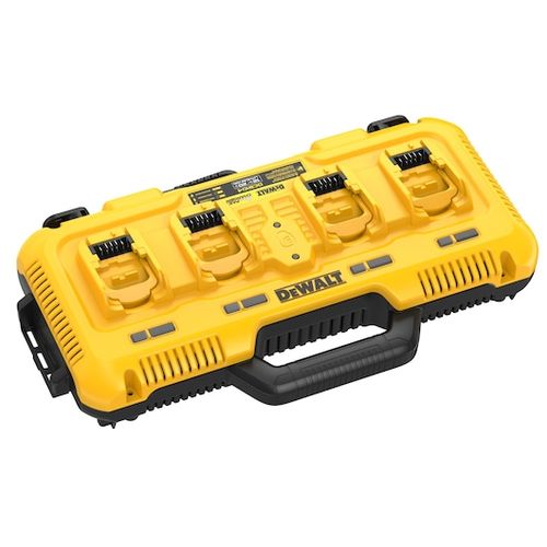 מטען מרובע DEWALT DCB104 בצבע צהוב-שחור עם 4 פורטים לטעינה בו-זמנית, מערכת קירור מאוורר, תאימות לכל סוללות DEWALT מסדרות 12V/20V/60V ואפשרויות התקנה על קיר או מערכת TOUGHSYSTEM.