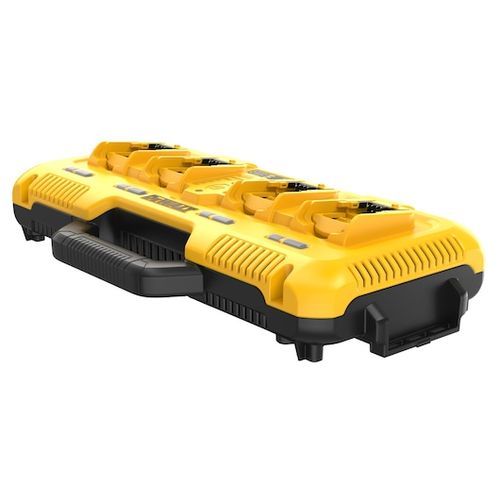מטען מרובע DEWALT DCB104 בצבע צהוב-שחור עם 4 פורטים לטעינה בו-זמנית, מערכת קירור מאוורר, תאימות לכל סוללות DEWALT מסדרות 12V/20V/60V ואפשרויות התקנה על קיר או מערכת TOUGHSYSTEM.