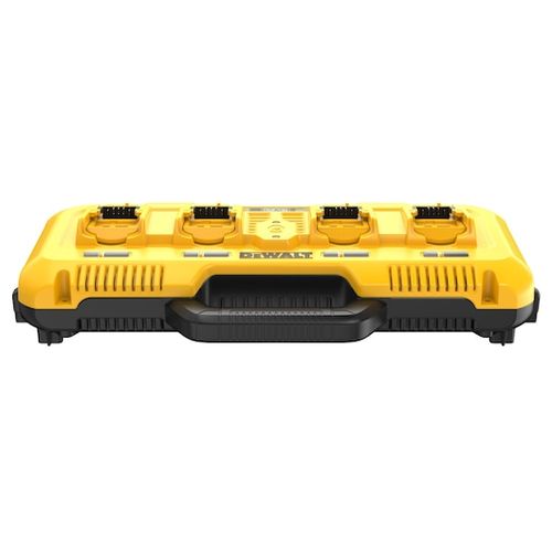מטען מרובע DEWALT DCB104 בצבע צהוב-שחור עם 4 פורטים לטעינה בו-זמנית, מערכת קירור מאוורר, תאימות לכל סוללות DEWALT מסדרות 12V/20V/60V ואפשרויות התקנה על קיר או מערכת TOUGHSYSTEM.