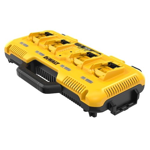 מטען מרובע DEWALT DCB104 בצבע צהוב-שחור עם 4 פורטים לטעינה בו-זמנית, מערכת קירור מאוורר, תאימות לכל סוללות DEWALT מסדרות 12V/20V/60V ואפשרויות התקנה על קיר או מערכת TOUGHSYSTEM.