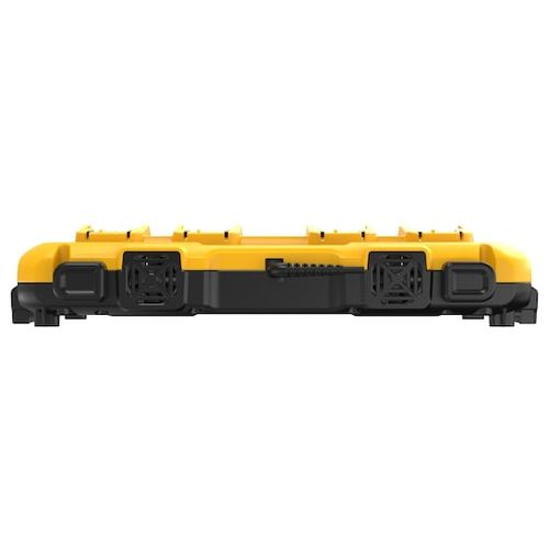 מטען מרובע DEWALT DCB104 בצבע צהוב-שחור עם 4 פורטים לטעינה בו-זמנית, מערכת קירור מאוורר, תאימות לכל סוללות DEWALT מסדרות 12V/20V/60V ואפשרויות התקנה על קיר או מערכת TOUGHSYSTEM.