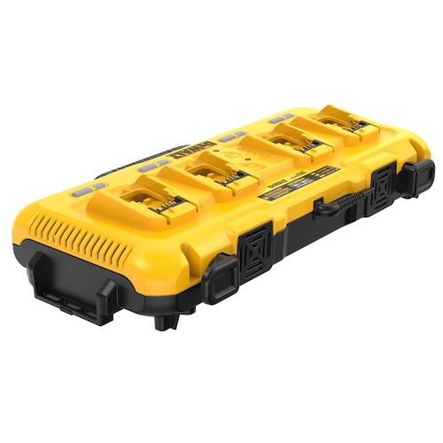 מטען מרובע DEWALT DCB104 בצבע צהוב-שחור עם 4 פורטים לטעינה בו-זמנית, מערכת קירור מאוורר, תאימות לכל סוללות DEWALT מסדרות 12V/20V/60V ואפשרויות התקנה על קיר או מערכת TOUGHSYSTEM.