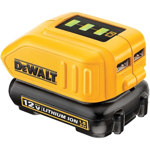מתאם USB DeWALT DCB090 בצבע צהוב-שחור עם שתי יציאות USB לטעינת מכשירים ניידים באמצעות סוללות DeWALT 12V/20V/60V, כולל מחוון LED למצב הסוללה, בעיצוב קשיח ועמיד לתנאי אתרי בנייה.