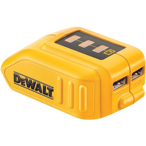 מתאם USB DeWALT DCB090 בצבע צהוב-שחור עם שתי יציאות USB לטעינת מכשירים ניידים באמצעות סוללות DeWALT 12V/20V/60V, כולל מחוון LED למצב הסוללה, בעיצוב קשיח ועמיד לתנאי אתרי בנייה.