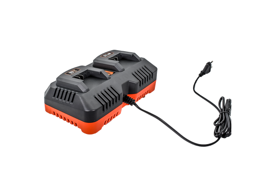 מטען כפול HUNTER 102701-016 לסוללות 18V בצבע שחור-אפור, עם שתי תושבות סוללה, חיווי LED למצב טעינה, פתחי אוורור ואפשרות התקנה על קיר. מספק זרם טעינה של 4A לכל תושבת (8A סה