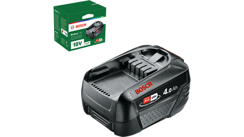סוללת ליתיום BOSCH PBA 18V 4.0Ah W-C בצבע שחור-ירוק, חלק ממערכת POWER FOR ALL ALLIANCE, מספקת זמן עבודה ממושך וביצועים מעולים לכלי בית וגינה.