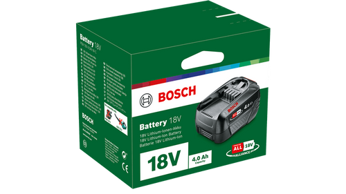 סוללת ליתיום BOSCH PBA 18V 4.0Ah W-C בצבע שחור-ירוק, חלק ממערכת POWER FOR ALL ALLIANCE, מספקת זמן עבודה ממושך וביצועים מעולים לכלי בית וגינה.