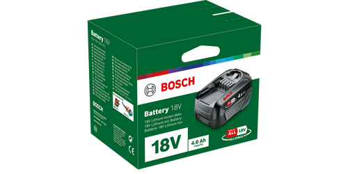 סוללת ליתיום BOSCH PBA 18V 4.0Ah W-C בצבע שחור-ירוק, חלק ממערכת POWER FOR ALL ALLIANCE, מספקת זמן עבודה ממושך וביצועים מעולים לכלי בית וגינה.