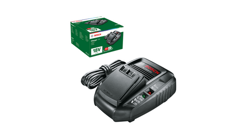 מטען BOSCH AL 1830 CV בצבע ירוק-שחור לסוללות 14.4V/18V ממערכת POWER FOR ALL. מספק זרם טעינה של 3.0A, כולל חיווי 