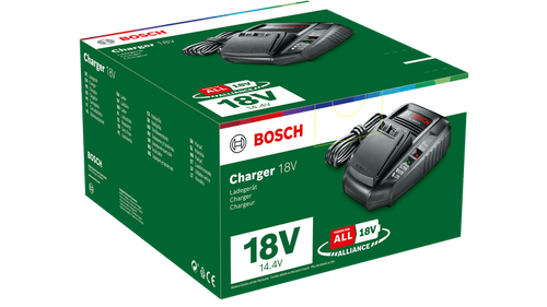 מטען BOSCH AL 1830 CV בצבע ירוק-שחור לסוללות 14.4V/18V ממערכת POWER FOR ALL. מספק זרם טעינה של 3.0A, כולל חיווי 