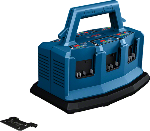 עמדת טעינה מקצועית BOSCH GAL 18V6-80 בצבע כחול-שחור, עם שישה חריצי טעינה ותצוגות מצב נפרדות, זרם טעינה של 8A, מערכת טעינה דו-מחזורית ולחצן לקביעת סדר הטעינה. תואמת לכל סוללות בוש המקצועיות במתחים 14.4V ו-18V, כולל סדרת ProCORE18V.