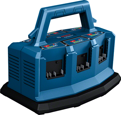 עמדת טעינה מקצועית BOSCH GAL 18V6-80 בצבע כחול-שחור, עם שישה חריצי טעינה ותצוגות מצב נפרדות, זרם טעינה של 8A, מערכת טעינה דו-מחזורית ולחצן לקביעת סדר הטעינה. תואמת לכל סוללות בוש המקצועיות במתחים 14.4V ו-18V, כולל סדרת ProCORE18V.