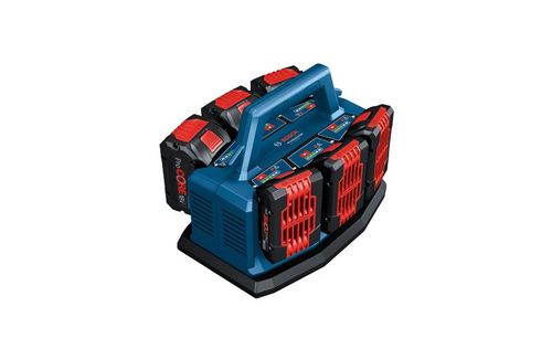 עמדת טעינה מקצועית BOSCH GAL 18V6-80 בצבע כחול-שחור, עם שישה חריצי טעינה ותצוגות מצב נפרדות, זרם טעינה של 8A, מערכת טעינה דו-מחזורית ולחצן לקביעת סדר הטעינה. תואמת לכל סוללות בוש המקצועיות במתחים 14.4V ו-18V, כולל סדרת ProCORE18V.