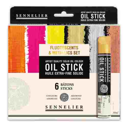 סט 6 צבעי שמן_סטיק מטאלי+פלורסנטי |  Fluorescent and Metallic Oil Sticks Sennelier 