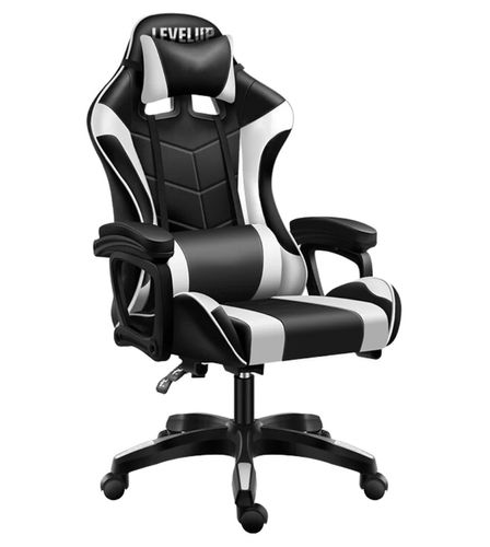 כסא גיימרים ארגונומי איכותי LEVEL UP עם 2 כריות תמיכה, שינוי זוויות של 90-170 מעלות - שחור/לבן