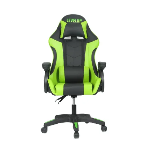 כסא גיימרים ארגונומי איכותי LEVEL UP עם 2 כריות תמיכה, שינוי זוויות של 90-170 מעלות - שחור/ירוק