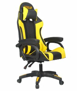 כסא גיימרים ארגונומי איכותי LEVEL UP עם 2 כריות תמיכה, שינוי זוויות של 90-170 מעלות - שחור/צהוב