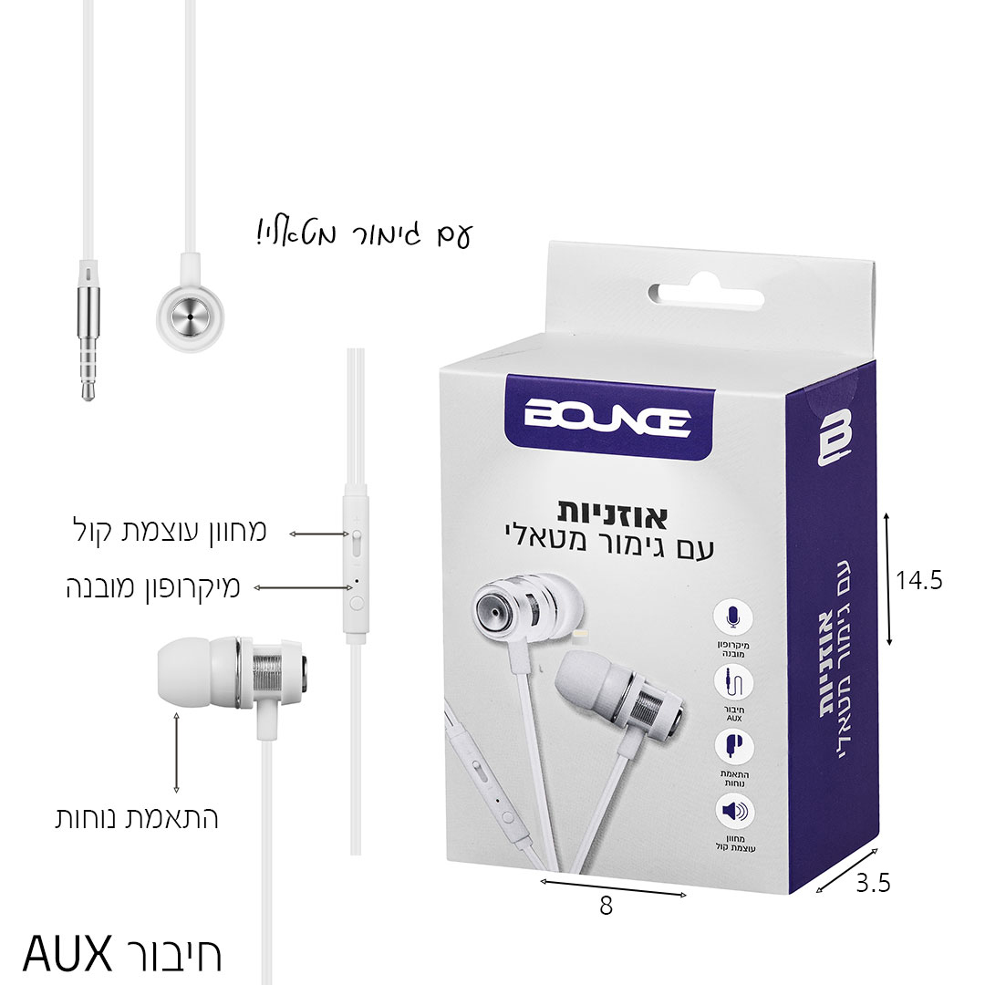 אוזניות סיליקון עם מיקרופון ומחוון קול