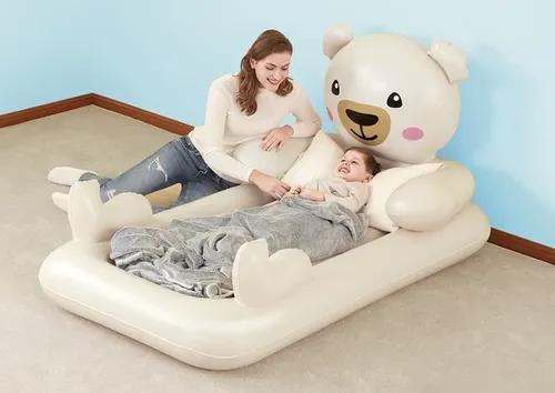 מזרן / מיטה מתנפחת לילדים עם ציפוי סיבי קטיפה נעימים למגע - דובי