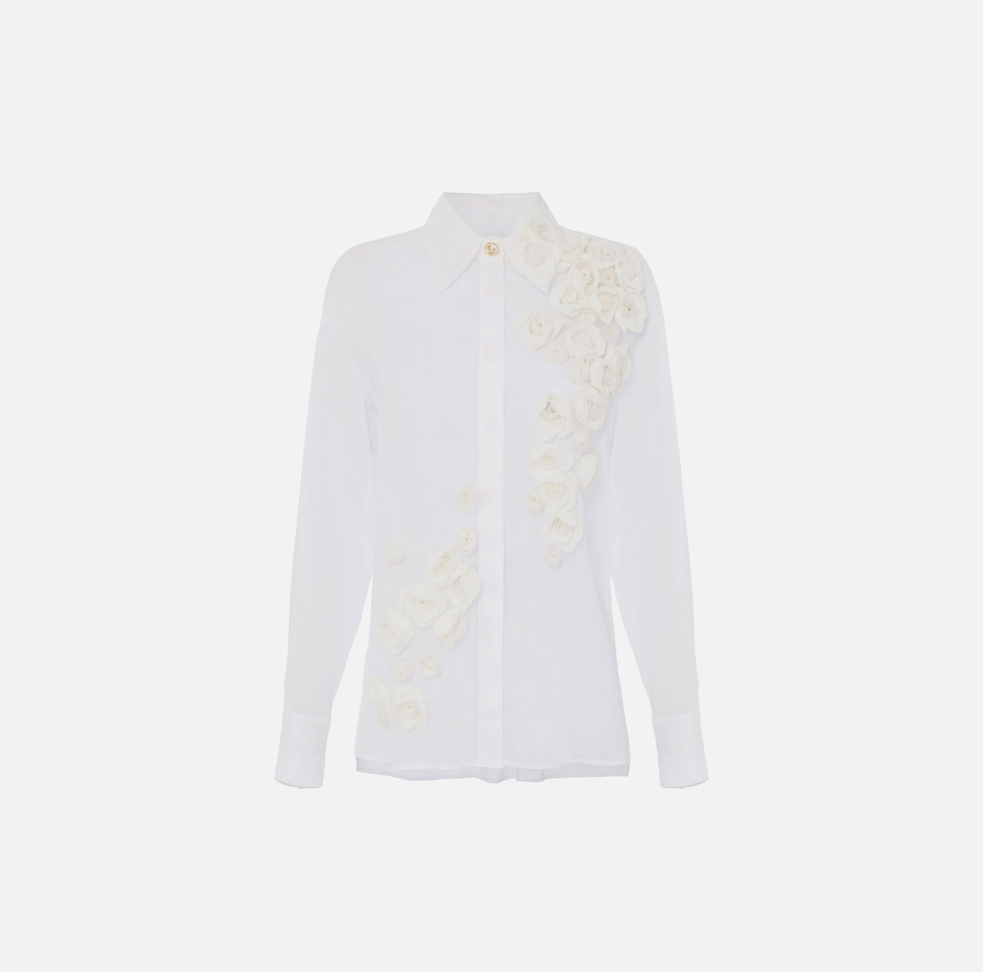 Cotton voile shirt with embroidered roses