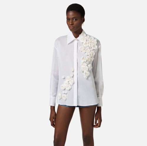 Cotton voile shirt with embroidered roses