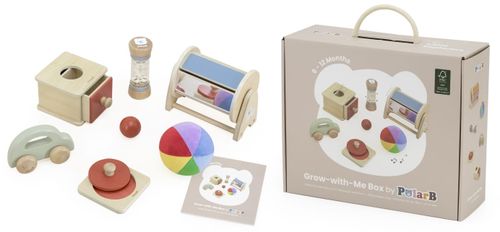 מארז 7 צעצועי התפתחות מעץ מסדרת לגדול איתי לגיל 6-12 חודשים: כדור חושי, תוף עם חרוז ועוד