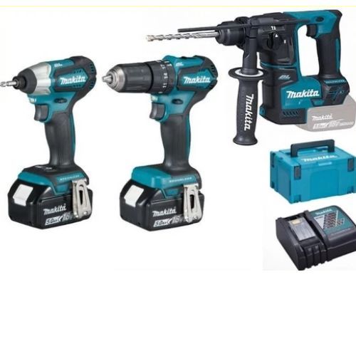 סט נטען 18V בראשלס פטישון + מברגת אימפקט + מברגת/מקדחה רוטטת + 2 סוללות MAKITA DLX2227RME Brushless 4Ah