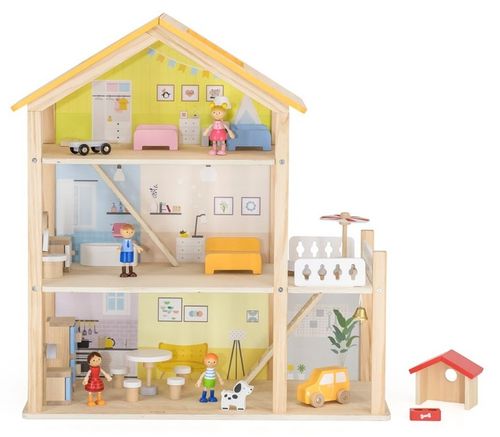 בית בובות פתוח 3 קומות עם יתר מ 20 אביזרי ריהוט ו 4 בובות 