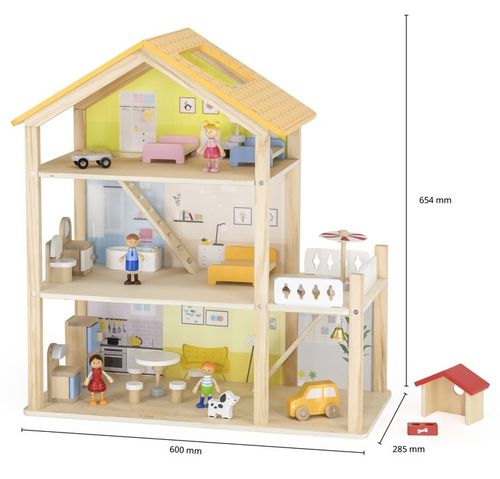 בית בובות פתוח 3 קומות עם יתר מ 20 אביזרי ריהוט ו 4 בובות 