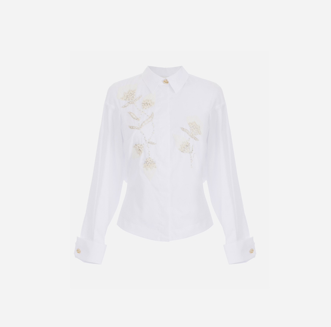 Cotton poplin shirt with floral embroideries