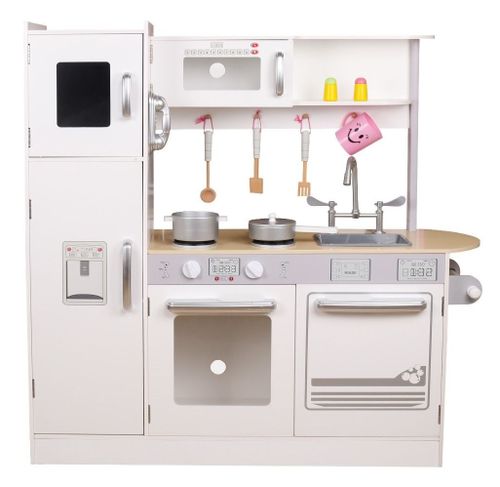 מטבח עץ לילדים עם מקרר, מקפיא, מדיח ו-10 אביזרי בישול - לבן