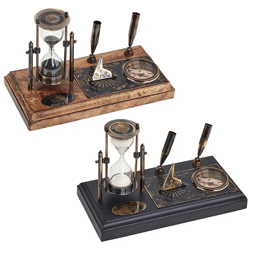 מעמד שולחני יוקרתי עץ עם שעון חול, שעון שמש, מעמד עטים ומצפן - שחור