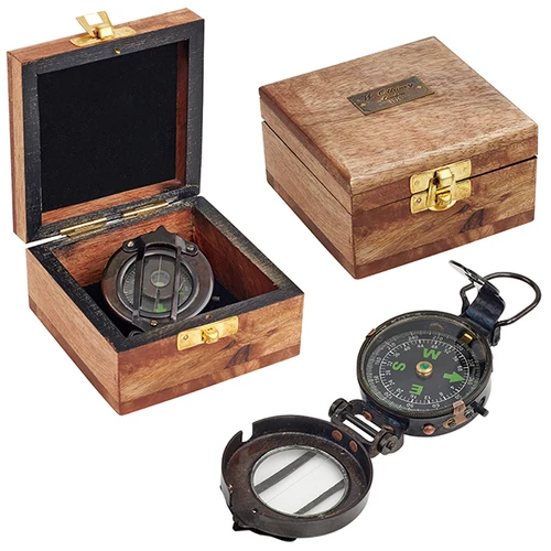 מצפן לנזרי מהודר במארז עץ Lensatic Compass
