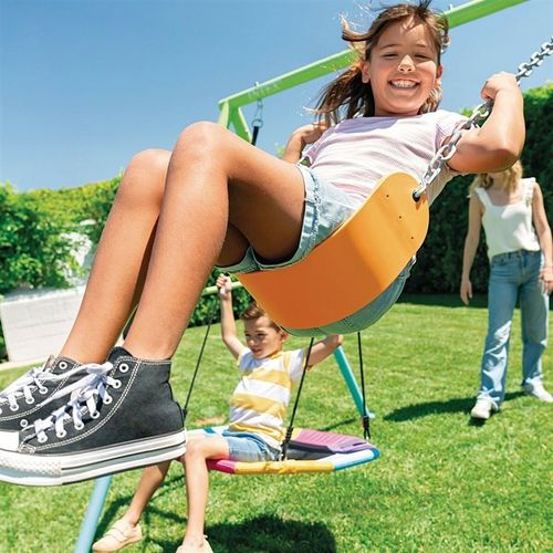 מתקן חצר ממתכת ל 2 לילדים עם נדנדת בוגר ונדנדת קן ציפור - צבעוני