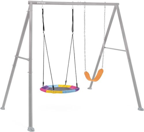 מתקן חצר ממתכת ל 2 לילדים עם נדנדת בוגר ונדנדת קן ציפור - אפור