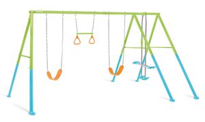 מתקן חצר ממתכת ל 5 לילדים עם 3 נדנדות ומתקן טבעות - צבעוני