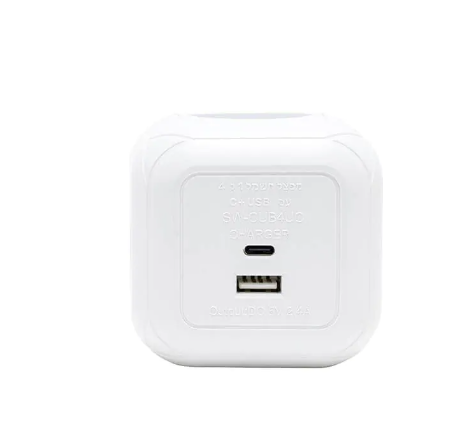 קובייה מפצל חשמל 4 שקעים + TYPE C ו-USB