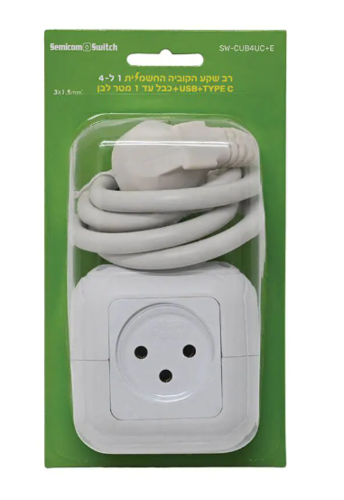 רב שקע קובייה 4 שקעים וחיבור USB +TYPE C