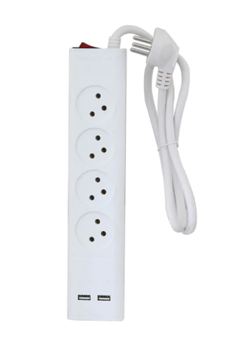 רב שקע 4 מקומות עם כבל 1 מטר, מפסק וחיבור USB