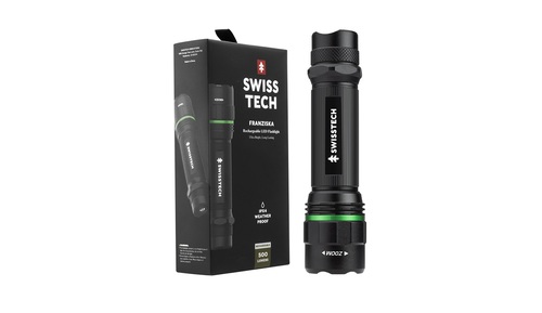 פנס לד נטען SWISS TECH דגם ST031620 עם 500 לומנס, מבנה אלומיניום בעיצוב שישה-צדדי למניעת גלגול, טכנולוגיית זום מתקדמת וארבעה מצבי תאורה שונים. בעל עמידות למים IPX4 וטווח הארה של עד 80 מטר.