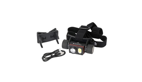 פנס ראש נטען SWISS TECH דגם ST032016 עם עוצמת תאורה 1700 לומנס, מערכת תאורה כפולה וטווח הארה של 170 מטר. כולל מגנט אחורי, יחידת תאורה נשלפת, רצועה מונעת החלקה והתקן לקסדה. בעל עמידות גבוהה למים בתקן IPX7.