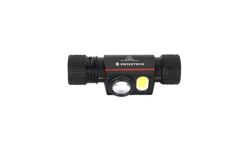 פנס ראש נטען SWISS TECH דגם ST032016 עם עוצמת תאורה 1700 לומנס, מערכת תאורה כפולה וטווח הארה של 170 מטר. כולל מגנט אחורי, יחידת תאורה נשלפת, רצועה מונעת החלקה והתקן לקסדה. בעל עמידות גבוהה למים בתקן IPX7.