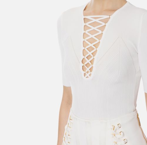 Knit top with crossover laces Ivory