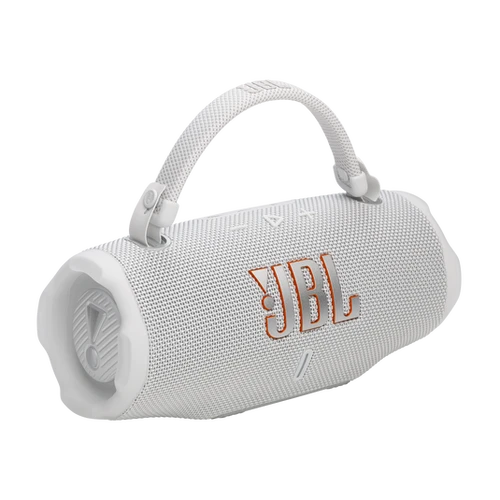 JBL Charge 6 לבן – תמונה באורך מלא עם רצועת נשיאה
