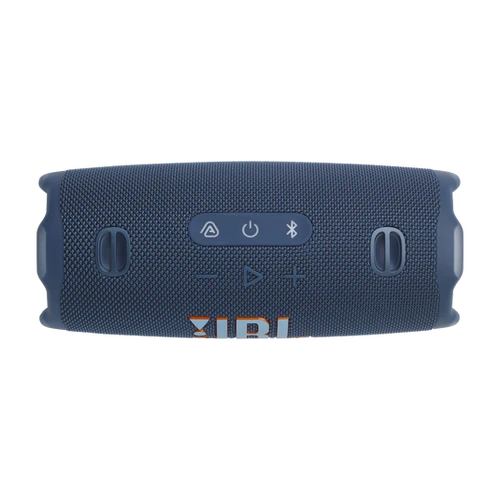 תקריב של כפתורי השליטה ב-JBL Charge 6 כחול – מבט מקרוב על כפתורי ההפעלה, בלוטות' ו-Auracast, המדגיש את ממשק המשתמש.