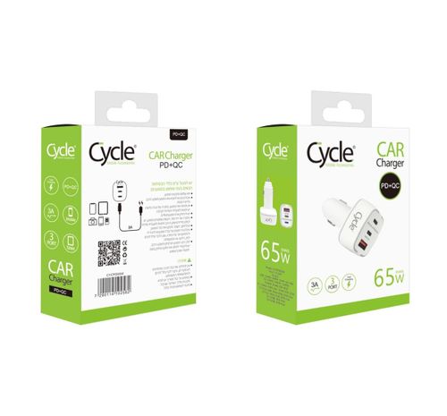 מטען לטלפון לרכב QC PD 65W טעינה מהירה עם 2 יציאות USB-C ויציאת USB-A מבית CYCLE 