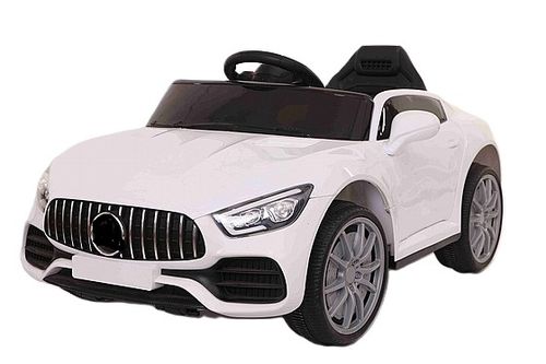 מכונית ממונעת 12V דמוי מרצדס GT עם אפקטים, אורות ושלט רחוק עם כפתור עצירת חרום - לבן