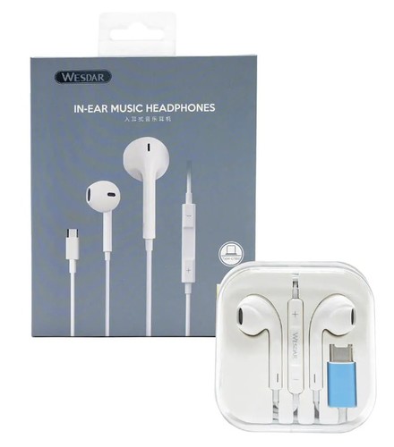 אוזניות IN-EAR חיבור Type-C עם ווליום WESDAR R80 צבע לבן