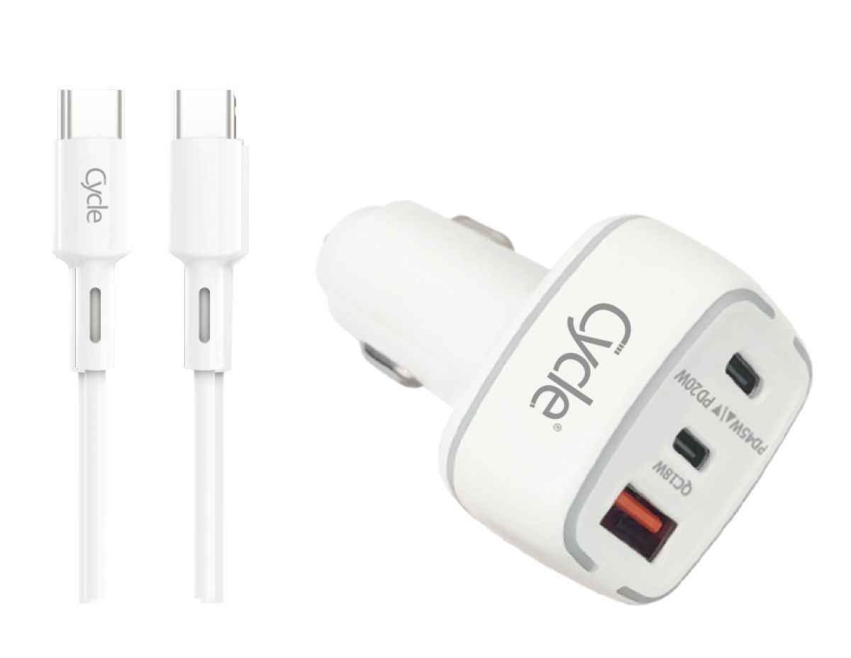 מטען לטלפון לרכב QC PD 65W טעינה מהירה עם 2 יציאות USB-C, יציאת USB-A + כבל USB-C ל-USB-C מבית CYCLE