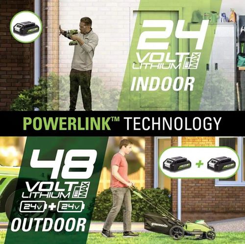 מכסחת דשא נטענת GREENWORKS 48V דגם 99722 עם שתי סוללות 2 אמפר ומטען כפול, גוף פולימר קל משקל 18 ק